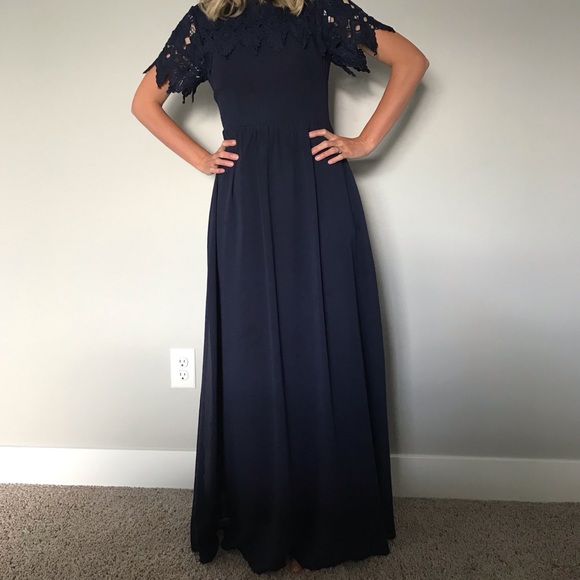 Navy Blue Formal Chiffon Gown with Lace Sleeves - Picture 4 of 6